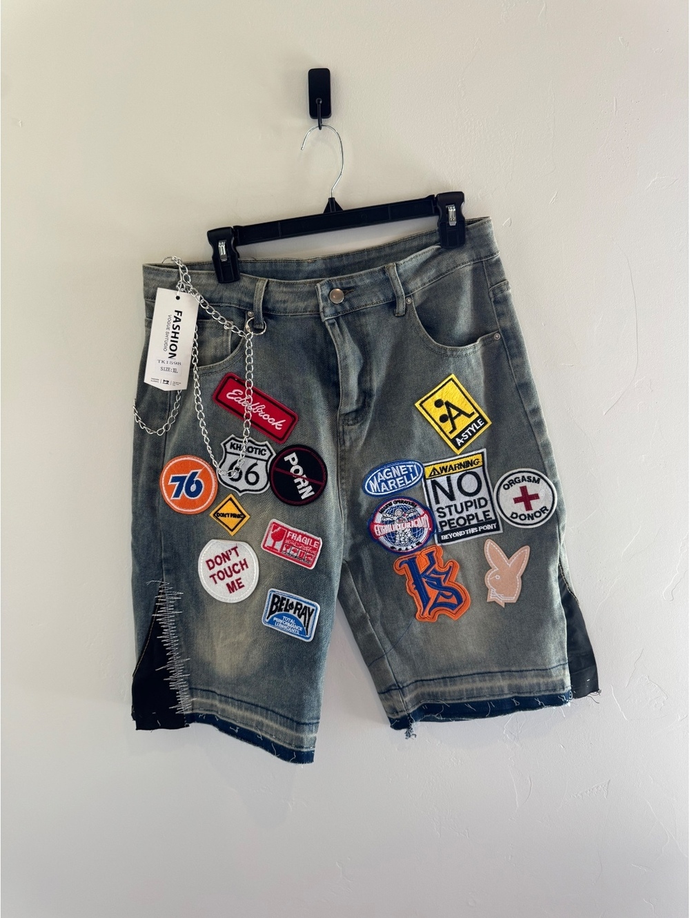 Patchwork Denim Bermuda Shorts XL Chain Distressed Y2K Streetwear NWT